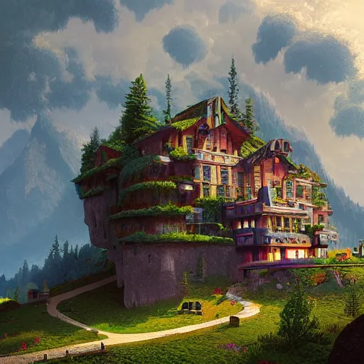 Image similar to a cozy mansion carved into a mountain side, big green trees, colorful clouds, dramatic lighting, artstation, matte painting, raphael lacoste, simon stalenhag, frank lloyd wright