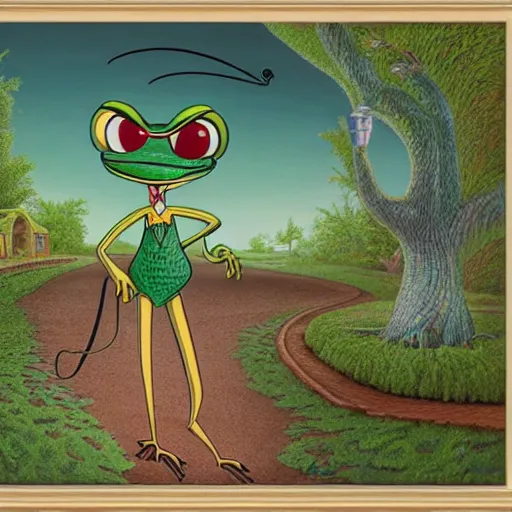 Prompt: highly detailed matte painting in the style of michigan j. frog, a tree frog walking down the road by mark ryden, chuck jones, lowbrow, 8 k resolution