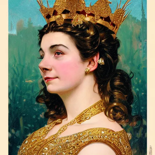 Image similar to side portrait of a young queen with a golden jeweled crown, head only, headshot, royalty, surrounded by gold leaves by Stanley Artgerm Lau , greg rutkowski, thomas kindkade, alphonse mucha, loish, norman rockwell, J. C. Leyendecker. white hair, black eyes, mouth slightly open, thorn border around the image. D&D, fantasy. Trending on artstation rule of thirds, detailed illustration, detailed lighting hd 4k