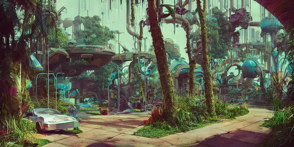 Prompt: 80s outdoor retro arcade, chrome, pastel colors, desolate, lush vegetation, moody:: by beeple and James Gilleard and Justin Gerard :: ornate, dynamic, particulate, intricate, elegant, highly detailed, centered, artstation, smooth, sharp focus, octane render, 3d