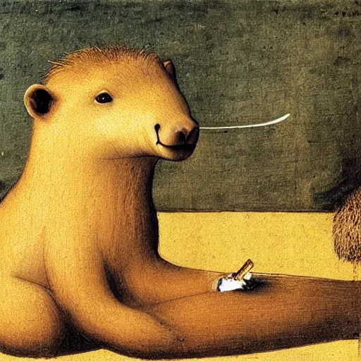 Image similar to capybara smoking a cigar, oil painting by leonardo da vinci