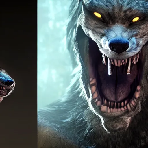 Image similar to hyper realistic werewolf hidden in the dark. higly detailed. deep dark cabin in the woods. unreal engine 5