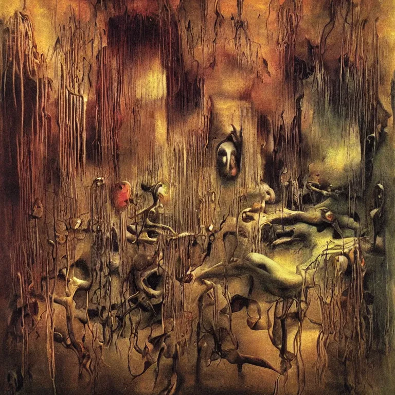 Image similar to room of chaos by salvador dali, part by zdzislaw beksinski, abstract surrealism, colorful, masterpiece