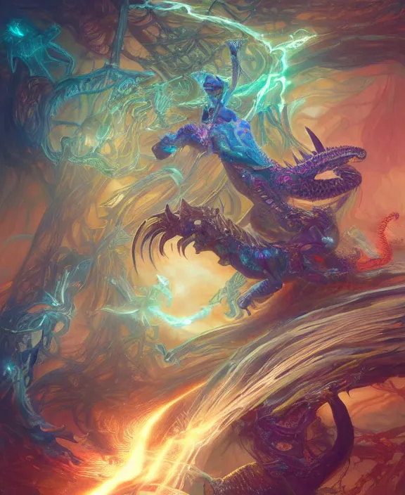 Image similar to a whirlwind of souls rushing inside the metaverse, half body, glowin eyes, mystical insects, mystical birds, lizards, snakes, d & d, fantasy, intricate, elegant, highly detailed, colorful, vivid color, digital painting, artstation, concept art, art by artgerm and greg rutkowski and alphonse mucha and ruan jia