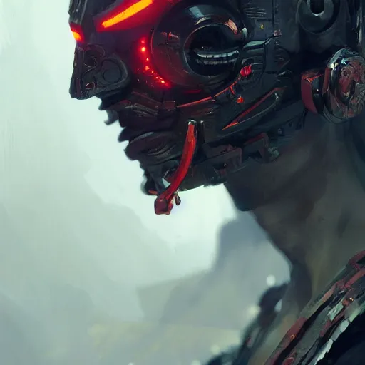 Image similar to cyborg samurai, red eyes, detailed face, intricate, detailed, volumetric lighting, scenery, digital painting, highly detailed, artstation, sharp focus, illustration, concept art, ruan jia, greg rutkowski