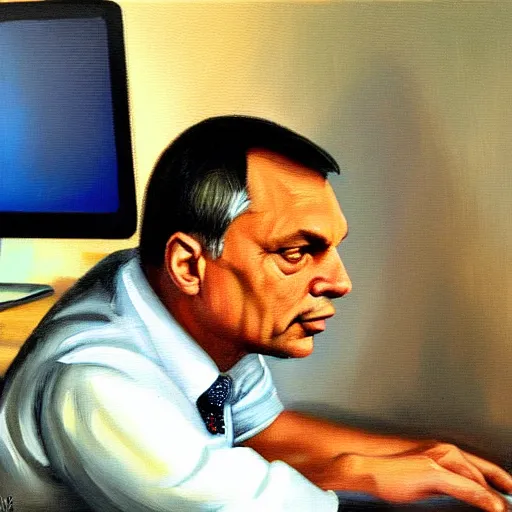 Image similar to viktor orban computer programming in a cubicle, oil painting