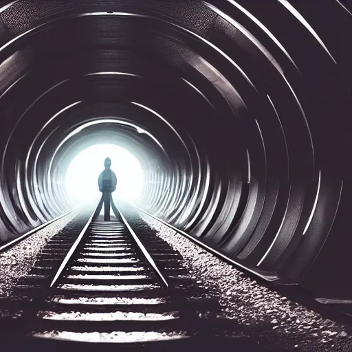 Image similar to someone standing on top of a train travelling through a futuristic tunnel, realistic, cinematic