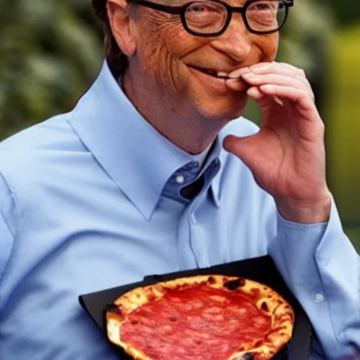 Prompt: bill gates enjoying a pepperoni pizza