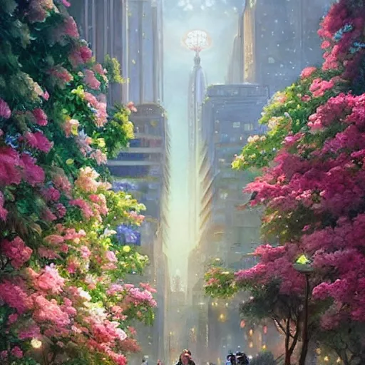 Prompt: a painting of an art - deco cityscape surrounded by flowers, a watercolor and matte painting by mark keathley and mandy jurgens and charlie bowater, cgsociety, artdeco, utopia art, sci - fi, artstation hq