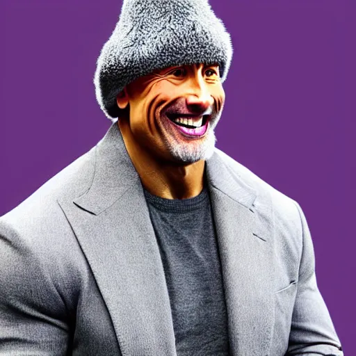 Image similar to dwayne johnson as an old druid wizard, bald, bushy grey eyebrows, long grey hair, disheveled, wise old man, wearing a grey wizard hat, wearing a purple detailed coat, a bushy grey beard, sorcerer, he is a mad old man, laughing and yelling