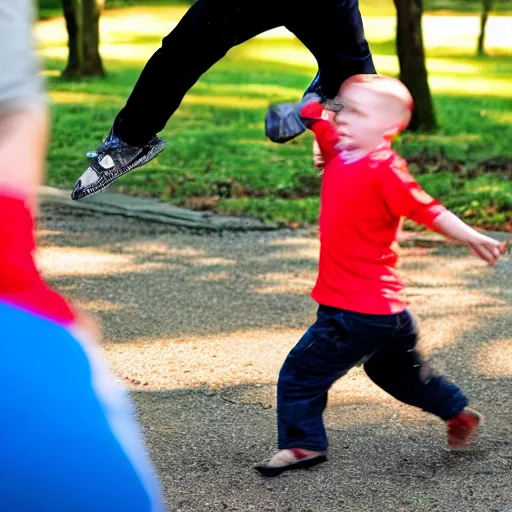 Prompt: man kicking a child