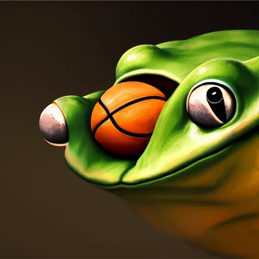 Image similar to anthropomorphic frog playing basketball, style of hieronoymus bosch, painting, ultra realistic, 4 k, artstation, extreme detail