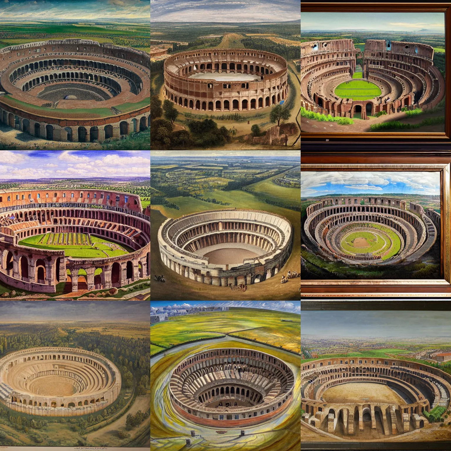 Prompt: a colosseum like arena with it's central part surrounded by a ditch, view from the sky, detailed painting, 8 k,