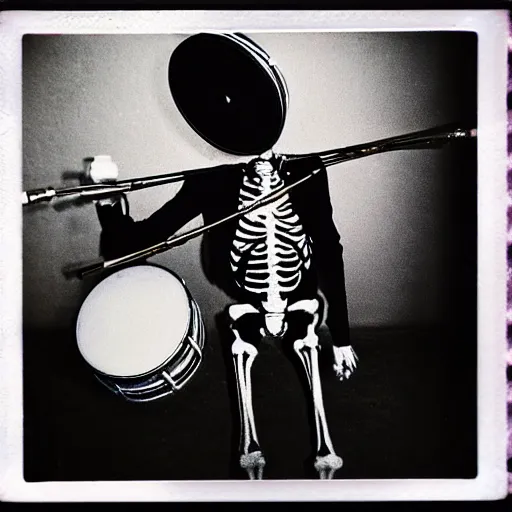 Prompt: skeleton drummer, flash polaroid photo,