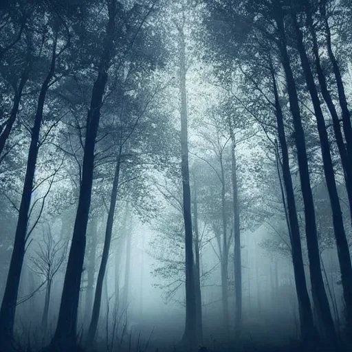 Prompt: a beautiful forest at dusk, fog, fantasy, starry night sky