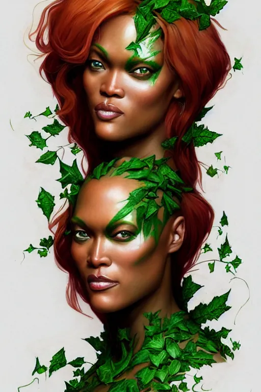 Image similar to tyra banks as poison ivy, realistic portrait, symmetrical, highly detailed, digital painting, artstation, concept art, smooth, sharp focus, illustration, cinematic lighting, art by artgerm and greg rutkowski and alphonse mucha