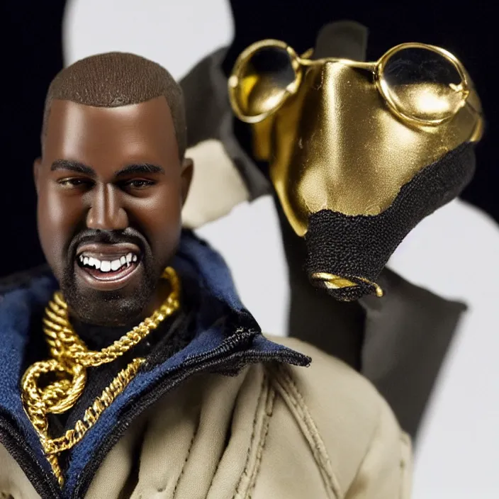 Image similar to a goodsmile figure of kanye west using a black face - covering mask made of cloth with small holes, a blue undersized open puffer jacket, a black shirt underneath, small gold chain, and black rubber boots, figurine, detailed product photo