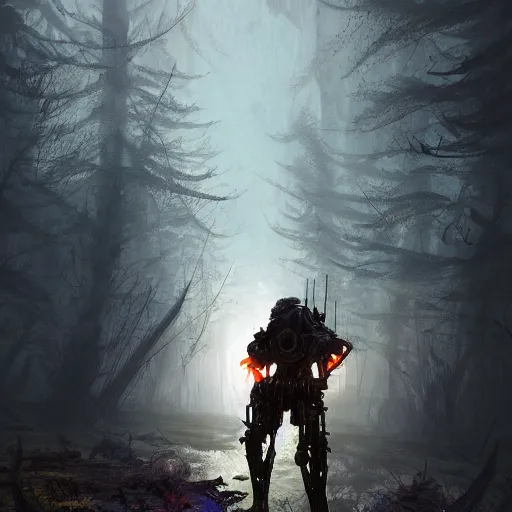 Prompt: Huntsman in combat dieselpunk giant walker exoskeleton with wooden details walks between the mystical foggy swamp. Style as if Dan Mumford and Tsutomu Nihei make game in Unreal Engine, photorealism, colorful, finalRender iridescent fantasy concept art 8k resolution concept art ink drawing volumetric lighting bioluminescence, plasma, neon, brimming with energy, electricity, power, Colorful Sci-Fi Steampunk Biological Living, cel-shaded, depth, particles, lots of reflective surfaces, subsurface scattering