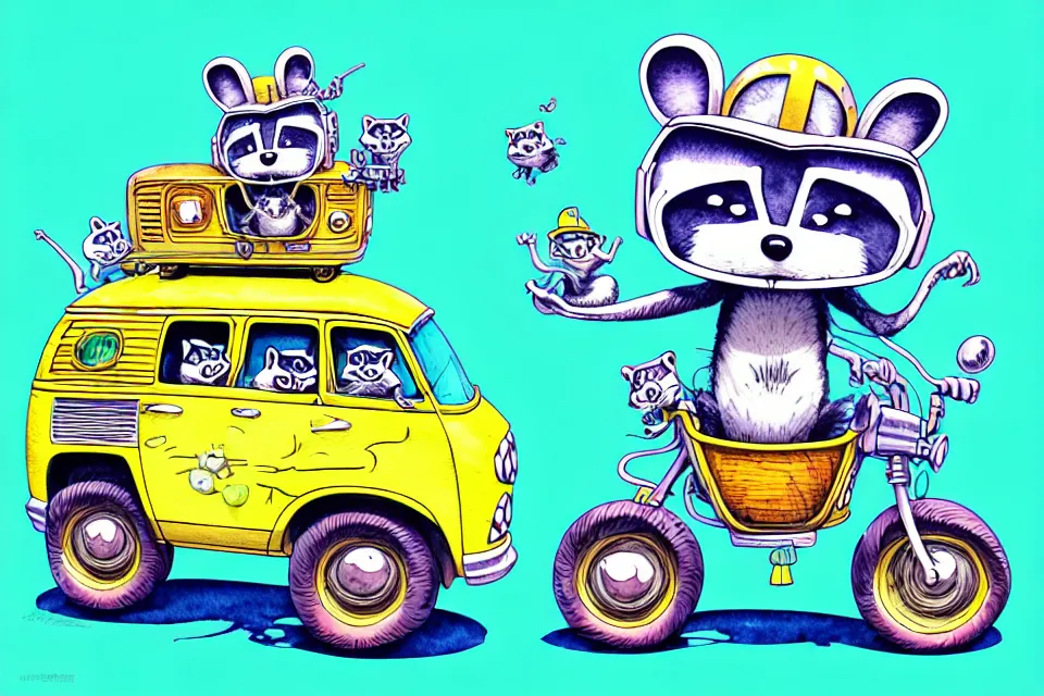 Image similar to cute and funny, racoon wearing a helmet riding in a mystery machine van, ratfink style by ed roth, centered award winning watercolor pen illustration, isometric illustration by chihiro iwasaki, edited by range murata, tiny details by artgerm and watercolor girl, symmetrically isometrically centered, sharply focused