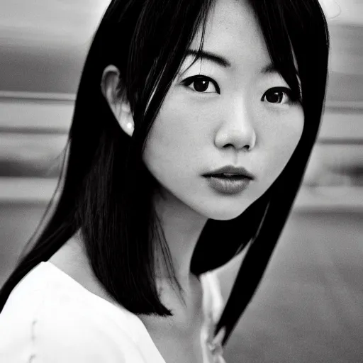 Image similar to black and white photo full shot of beautiful Japanese women with perfect eyes and simetrical face, standing on the bridge at night, shot by Akira Kurosawa perfect cinematic light, 8k, highl details, sharp focus