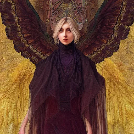 Prompt: hyperrealistic detailed portrait of a seraphim from layers of fear in the style of gothic and mucha sharp focus 8 k