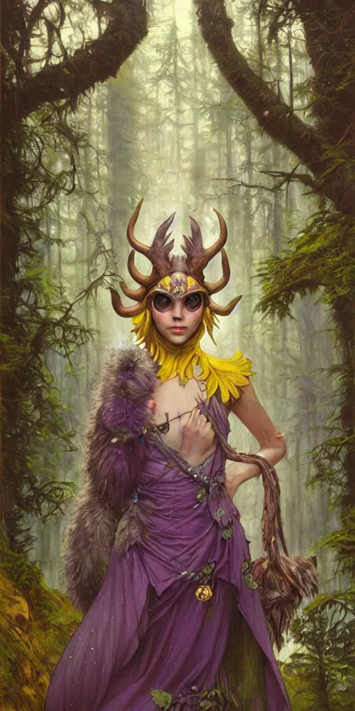 Image similar to hyper realistic Princess Mononoke in her mask, lush rainy forest landscape, wolves, magic, castle, jewels, style of tom bagshaw, mucha, james gurney, norman rockwell, gems and gold, waterfalls, denoised, sharp, yellow purple colours,