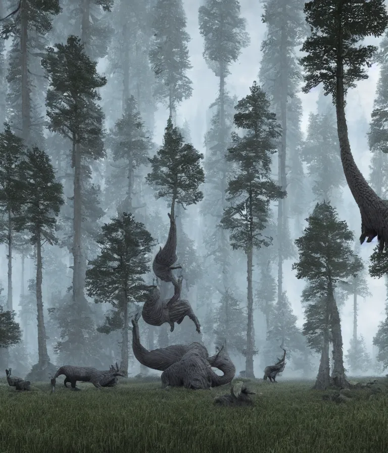 Image similar to a beautiful hyperrealistic detailed 3 d render colossal grey forest creatures guarding a wall of infinite pine trees, by anton otto fischer, atey ghailan, by goya, unreal engine, octane render, epic, 3 d, intricate, ultra wide, artstation, volumetric lighting, hdr, polished, micro details, ray tracing, 8 k