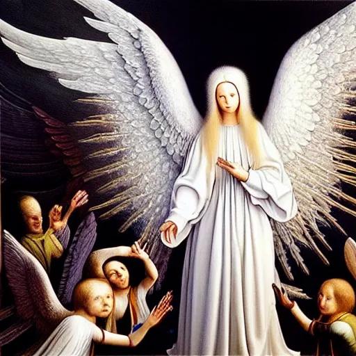 Image similar to highdetailed hyperrealistic painting of white angel!!! no gender smiling noface!!!, light instead of hands, white sparkles everywhere, 4 k hd face!!!, big silver high detailed wings!!!, renaissance, by jan van eyck, holography space, glow effect, large strokes, monochrome!!!!!