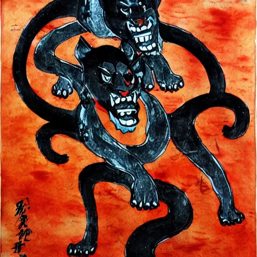 Image similar to emotional movement of muscle panthers, hell creatures, ink painting, in style of thawan duchanee, high quality,