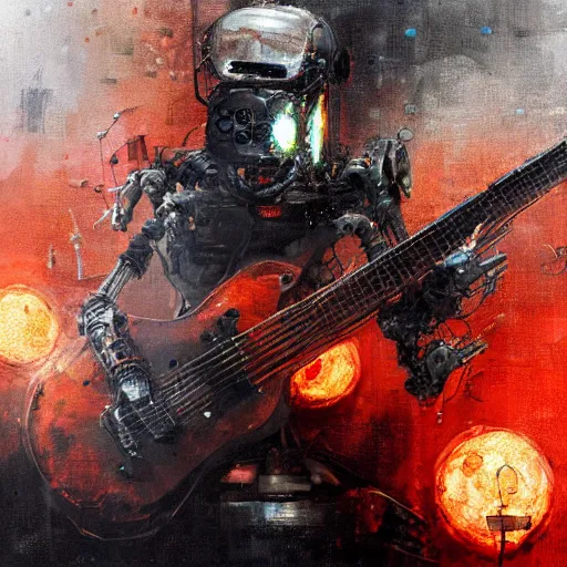 Image similar to a biomechanical robot playing guitar, flames shooting from guitar, ruined street, blood moon, by Jeremy Mann, stylized, detailed, realistic, loose brush strokes