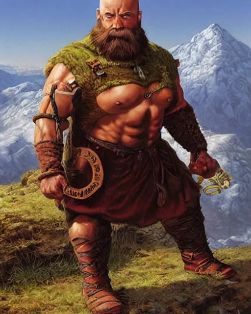 Prompt: a bald warrior male dwarf with long brown beard in a mountainous landscape, art by mark brooks, jason edmiston, glenn fabry