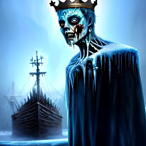 Image similar to a frozen zombie man with a crown, eyes are glowing, broken sailing ship boat in the background, is at dawn and bluish, fantasy, intricate, elegant, highly detailed, digital painting, artstation, concept art, matte, sharp focus, illustration, art by aenaluck and roberto ferri and greg rutkowski, epic