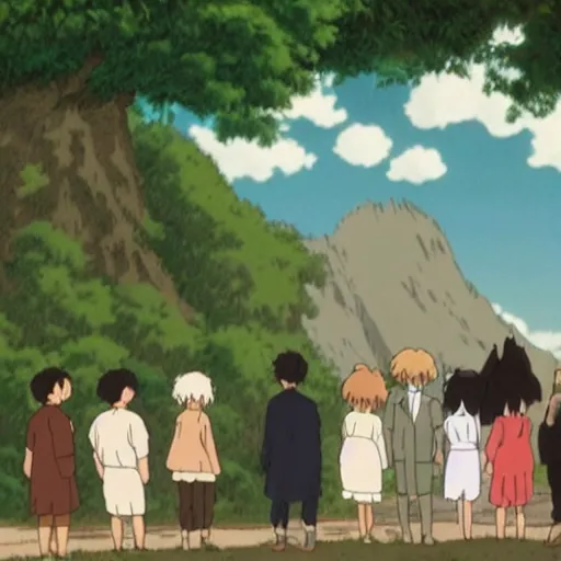 Image similar to STUDIO GHIBLI | an animal wedding at the farm, happy antropomorphic animals wearing wedding suits and robes, extended family, outside, mountain background, by Studio Ghibli, still picture, perfect movie shot, animation masterpiece, composition, framing, happy, hopeful, nostalgic