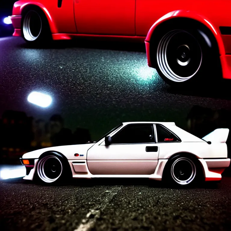 Image similar to close-up-photo Nissan S30 turbo illegal roadside night meet, work-wheels, Shibuya shibuya, cinematic color, photorealistic, deep dish wheels, highly detailed night photography