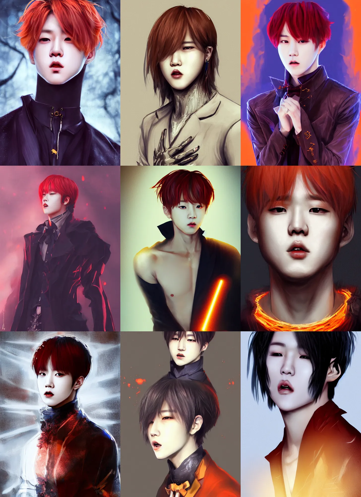 Prompt: park jimin as a vampire. wearing intricate styled outfit, semi realism, anime realism, symmetrical face, slim face, appealing, photorealism, uhd, amazing depth, glowing, golden ratio, sakimichan, greg rutowski, volumetric lighting, cinematic lighting, red orange lighting, artstation concept art