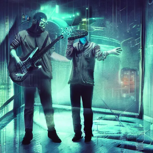 Image similar to found footage of a band in the year 3 0 0 0 s finding a new note, in liminal space, cyberpunk, film grain, dark lighting, realistic, photgraph, silent hill style, detailed cinematic lighting