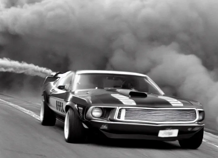 Prompt: a mustang mach 1 from 1 9 7 3 driving from a explosion