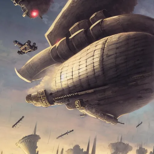 Image similar to a brutalist painting of a large steampunk airship fighting another airship in the sky, by charlie bowater, 4 k