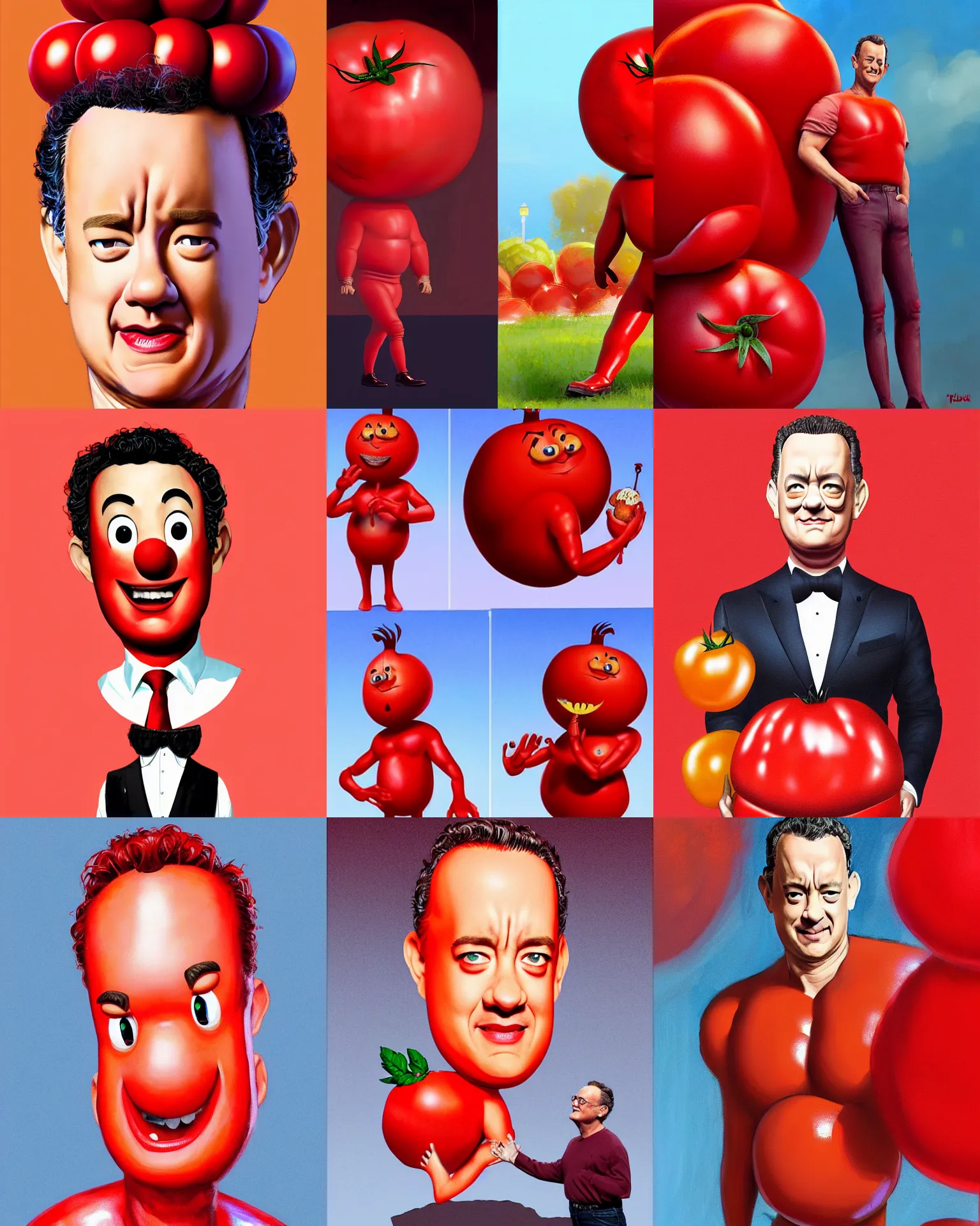 Prompt: tom hanks as tomato hanks mascot, his skin is red and he resembles a giant tomato, dramatic lighting, london fashion week, bedazzled fruit costumes, shaded lighting poster by magali villeneuve, artgerm, jeremy lipkin and michael garmash, rob rey and kentaro miura style, trending on art station