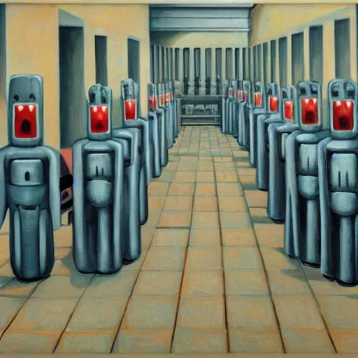 Prompt: line of robots guarding a brutalist castle, evil visages, dystopian, pj crook, edward hopper, oil on canvas