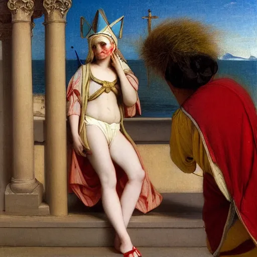 Image similar to A girl with jester hat and clothes on a greek archi circle on the front of a Balustrade with a beach and a sail boat on the background, major arcana cards, by paul delaroche, hyperrealistic 8k, very detailed