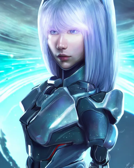 Image similar to perfect android girl on a mothership, warframe armor, beautiful face, scifi, futuristic, galaxy, nebula, bae suzy, dreamy, long white hair, blue cyborg eyes, sharp focus, cinematic lighting, highly detailed, artstation, divine, by gauthier leblanc, kazuya takahashi, huifeng huang