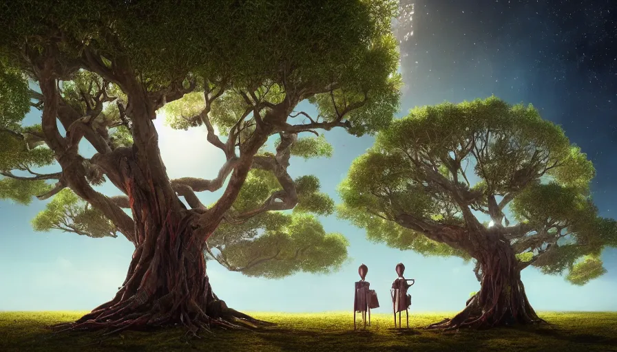 Prompt: very very small mannequin robot, sitting on a gigantic banyan tree in moonlit socotra island by ilya kuvshinov, starry night, rtx rendering, octane render 1 2 8 k, maya, extreme high intricate details by tom bagshaw, medium shot, close up shot, composition by sana takeda, lighting by greg rutkowski