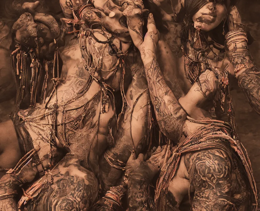 Prompt: portrait of a tattooed indian tribal woman being flogged by some britisher, ultra realistic photography, intricate details, eerie, highly detailed, photorealistic, octane render, 8 k, unreal engine