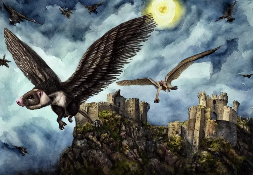 Prompt: legendary winged possum flying over a medieval castle under a dark starred sky, dark fantasy, watercolor, dreaming illusion, highly detailed, 4k, trending on Artstation, award-winning