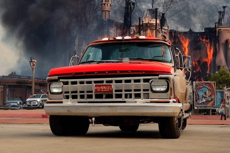 Image similar to lifted pickup in front of burning Disney Land by Emmanuel Lubezki