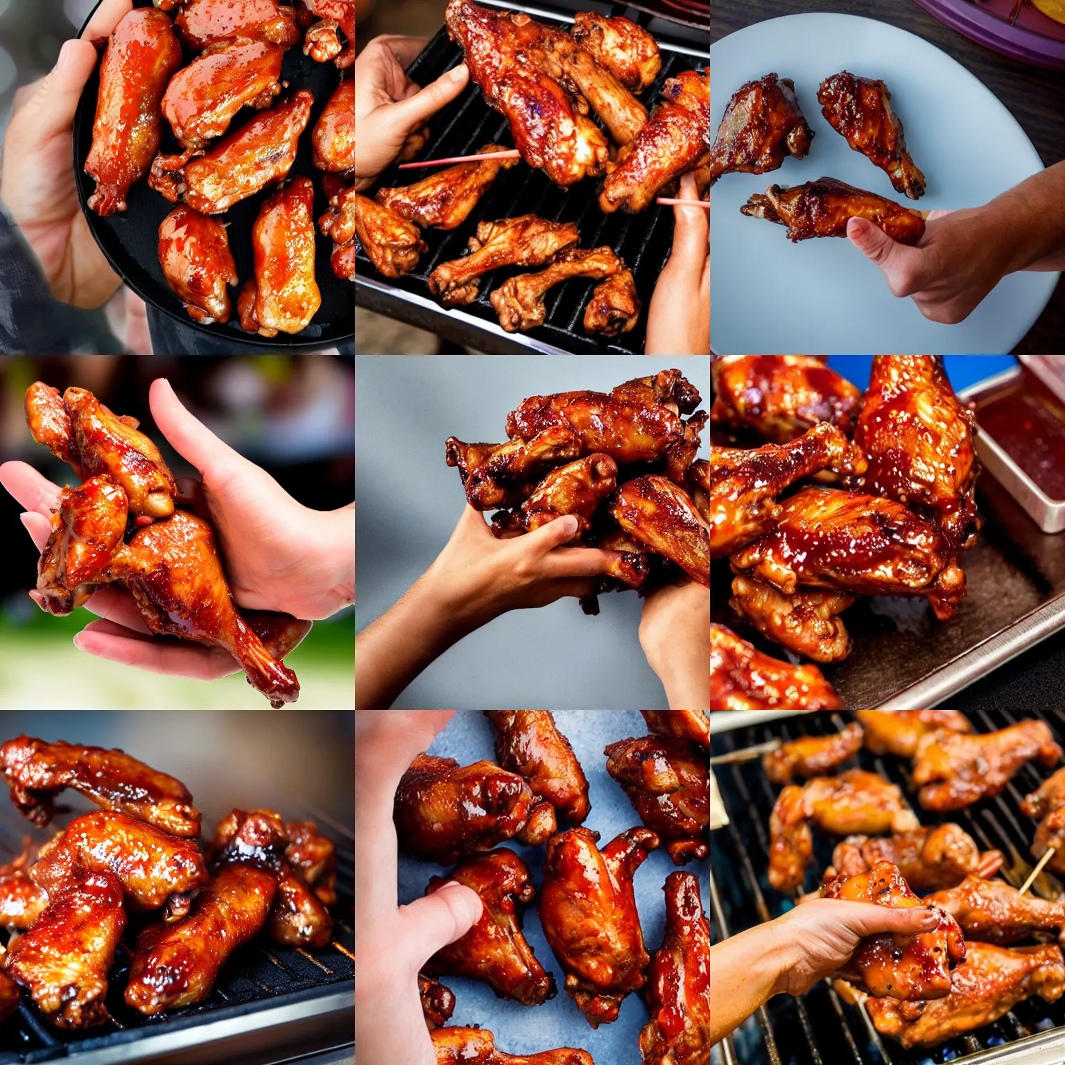 Prompt: a hyper realistic human hand with bbq chicken wings in the place of thump, 8 k