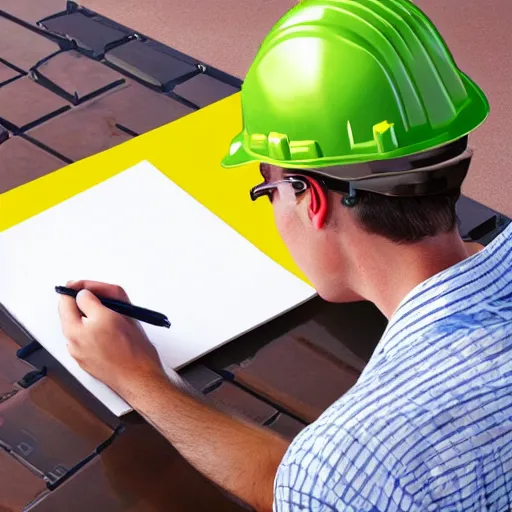 Image similar to a worker with a hard hat and reflective vest writing in a notepad holding a calculator vector, 3 d, realistic