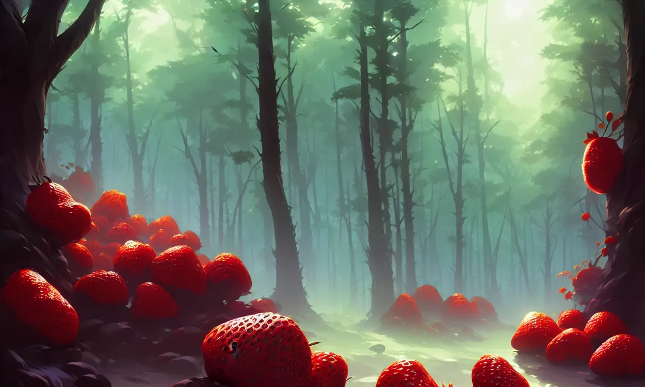 Image similar to Dark forest large strawberries, behance hd by Jesper Ejsing, by RHADS, Makoto Shinkai and Lois van baarle, ilya kuvshinov, rossdraws global illumination