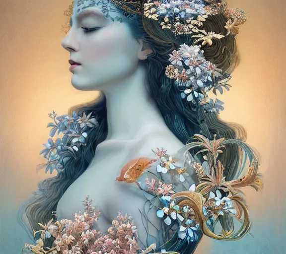 Image similar to breathtaking detailed concept art painting art deco pattern a beautiful wavy brown haired man with pale skin and a crown on his head sitted on an intricate metal throne light - blue flowers with kind piercing eyes and blend of flowers and birds, by hsiao - ron cheng and john james audubon, bizarre compositions, exquisite detail, extremely moody lighting, 8 k h 1 0 2 4